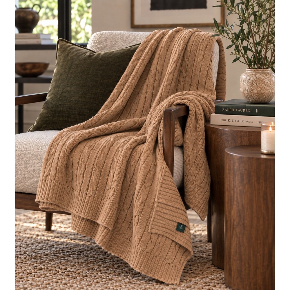 Lauren Ralph Lauren Cable Knit Throw Blanket Camel 58x48